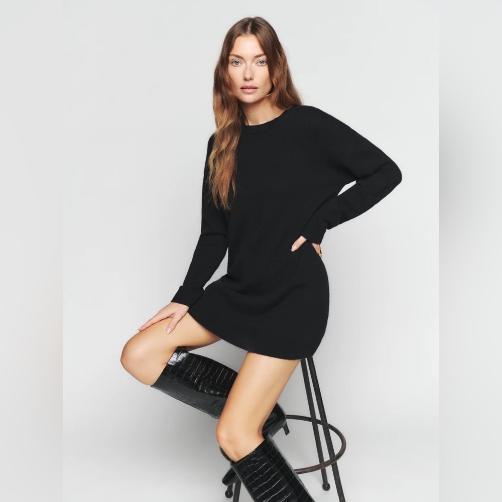 REFORMATION Tencel Mini Long Sleeve Sweaterdress Black Size XS
